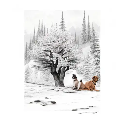 Mountain Scenewith Tree And Dogs