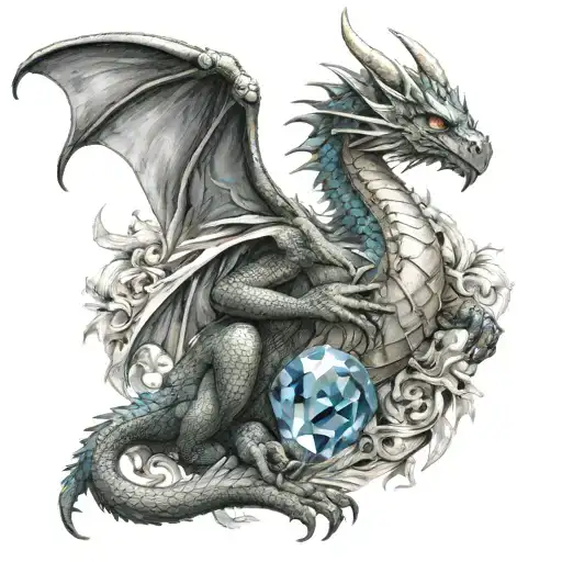 Dragon With Feather Wings Holding A Crystal Stone To His Chest