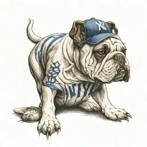 Angry Bulldog Wearing A New York Yankees Baseball Jersey