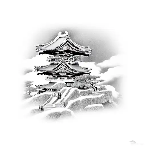 Samurai On Moutain Infront Of A Temple