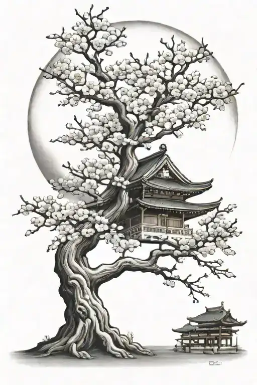 Japanese Temple Cherry Blossom Tree Moon