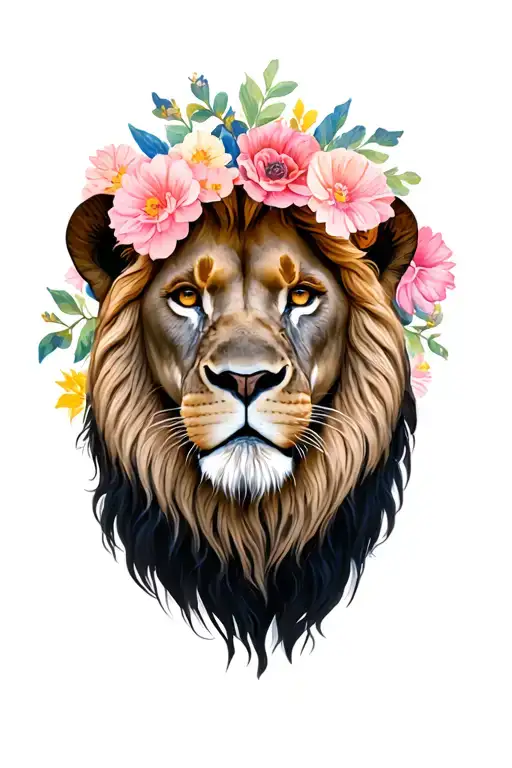 Lion With Flowers Behind It