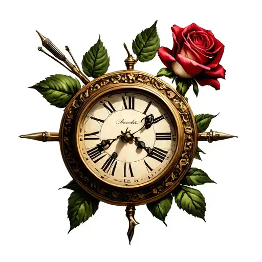 Clock With Roman Numbers And A Rose In The Needles