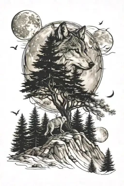 Trees Mountain Moon Wolf