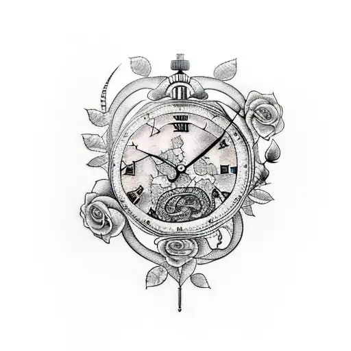 A Tattoo Featuring A Clock Surrounded By Roses And Snakes