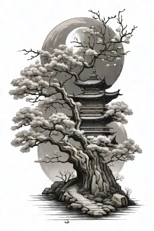 Japanese Temple Cherry Blossom Tree Moon