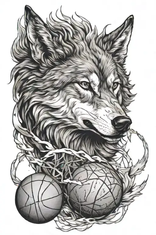 A Protective Wolf Protecting A Basketball With Some Symbolism Surrounding And In The Background