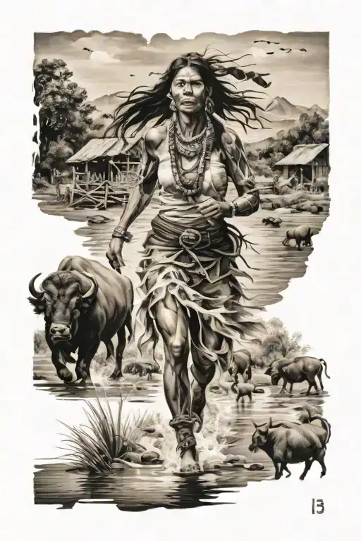 Feathered Indian Woman Running Into River And Buffaloes And Village