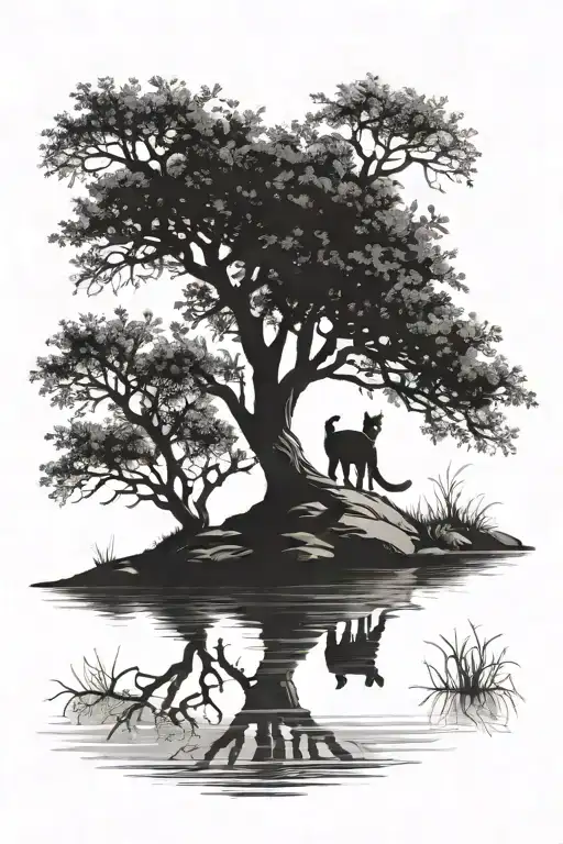 Trees River Cat Silhouette