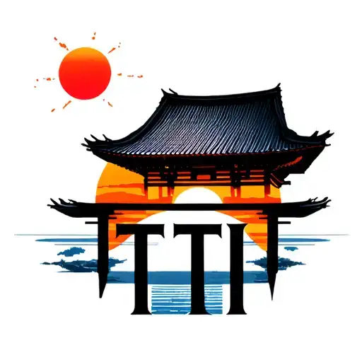 Japanese Temple With The Letters Tti In The Middle And The Sun In The Background