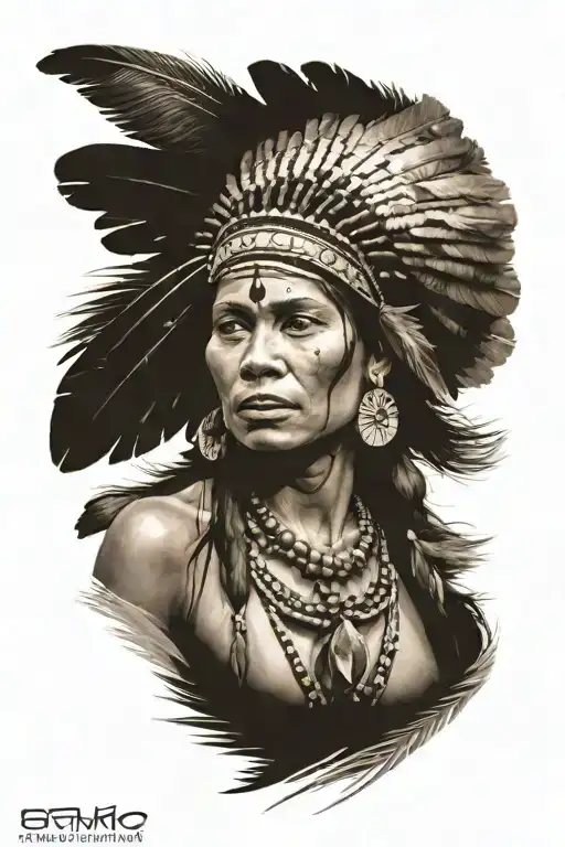 Feathered Indian Woman Running Into River And Buffaloes And Village