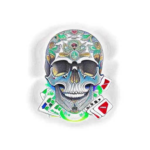 A Skull Made Out Of Game Cards Surrounded By Intricate Floral Patterns