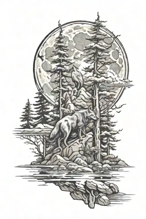 Trees Mountain Moon Wolf Stream Meandering