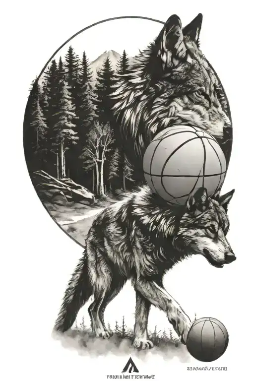 A Protective Wolf Protecting A Basketball With Some Mountain And Trees In The Background