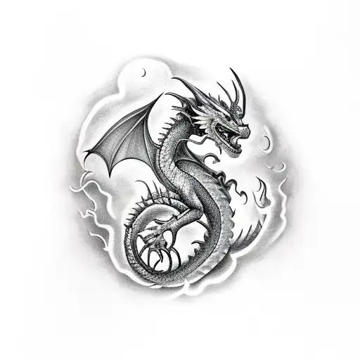 Dragon Crawling Up A Castle Wall Breatging Fire