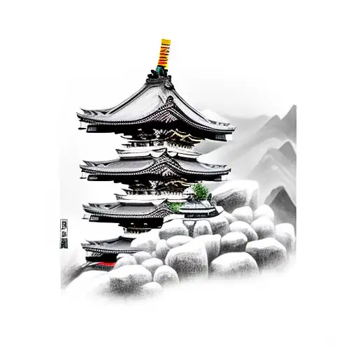 Samurai On Moutain Standing Infront Of A Temple