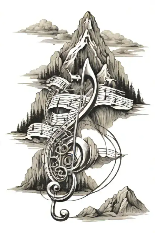 A Tattoo Design Combining Musical Notes With Mountain Landscapes