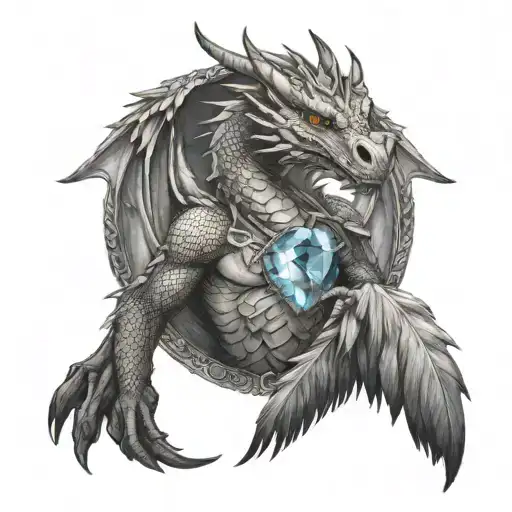 Dragon With Feather Wings Holding A Crystal Stone To His Chest