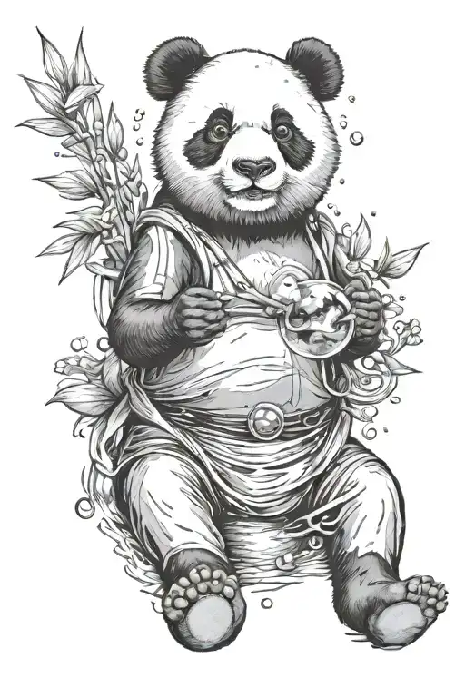 Panda Sitting In Lotus Position With Bamboo Tube In Mouth From Which Soap Bubbles Come Out