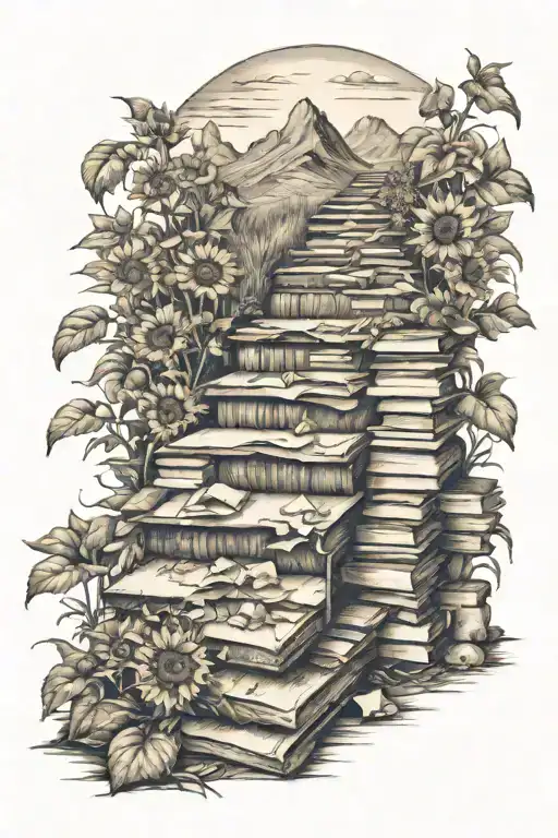Staircase Of Books Leading Up A Mountain Landscape Surrounded By Sunflowers