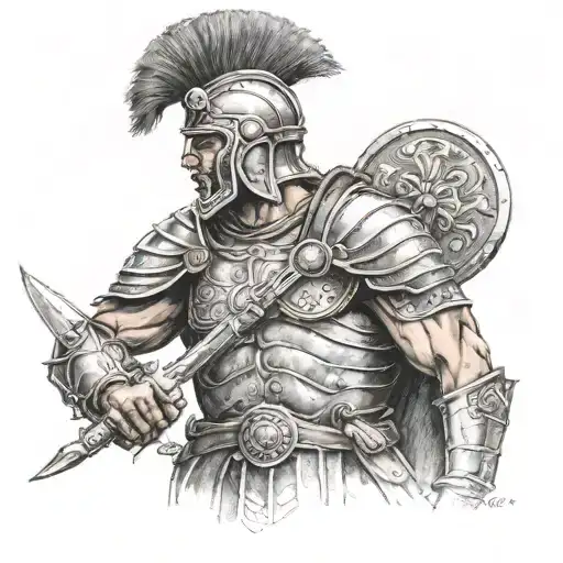 Roman Warrior With Sword And Shield Staring Menacingly At The Observer