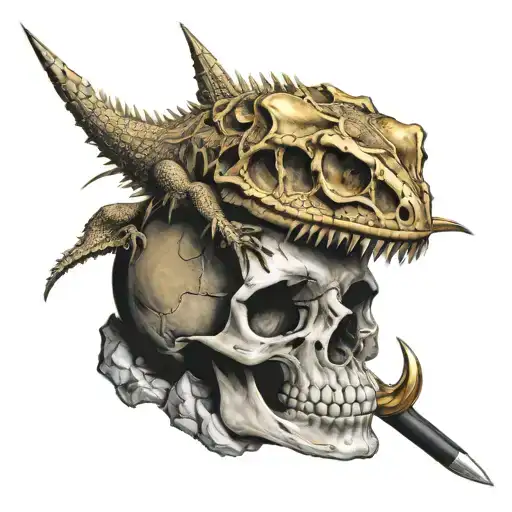 Lizard Skull On Top Of A Black And Gold Spear