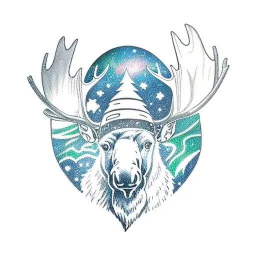 A Moose With A Hockey Helmet With Northern Lights In The Background