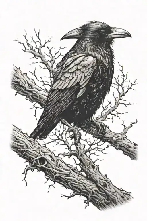 Realistic Raven Sitting On A Dead Branch In A Lightning Storm