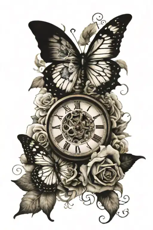 Butterflies Witha Broken Clock Face And Roses