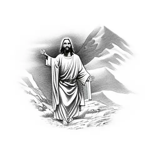 Jesus Christ Carrying A Cross Up A Mountain
