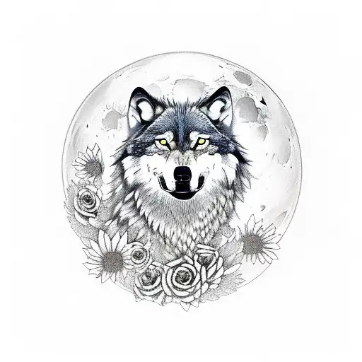 Wolf Howling At Moon With Snake Wrapped Around It And Flowers