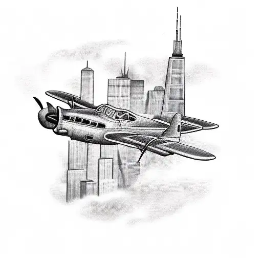 A Tattoo Of A Vintage Airplane Flying Over The Chicago Skyline