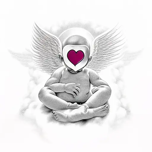 Faceless Baby In Heaven With Angel Wings And A Pink Rose