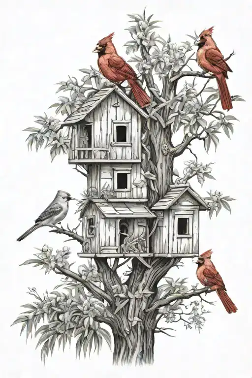 Full Willow Tree With Two Cardinals And A Bird House