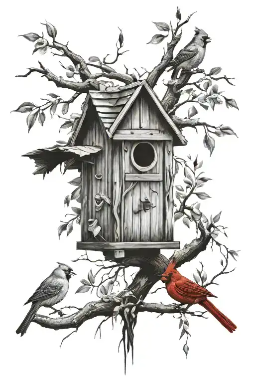 Willow Tree With Two Cardinals And A Bird House