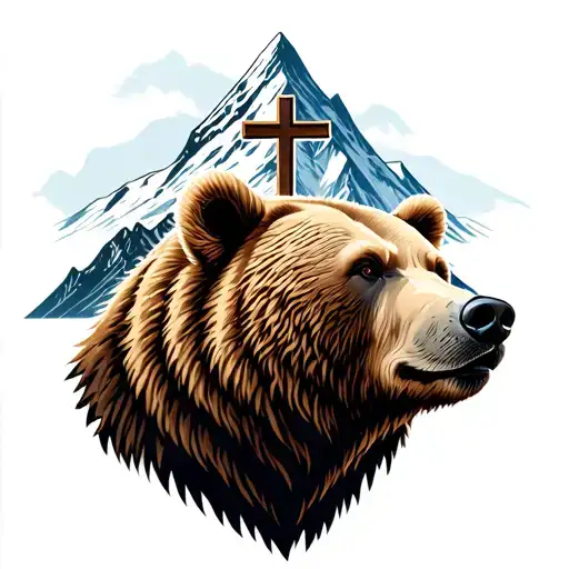 Bear Head Infront On Side Of Mountain With Big Big Cross