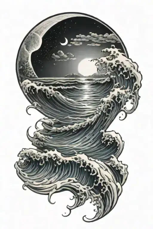 Crescent Moon Over The Ocean Waves Flowing