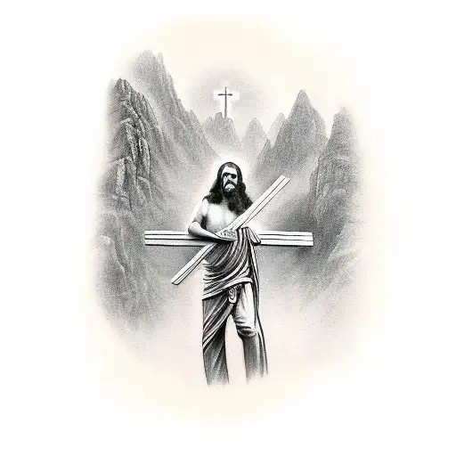 A Tattoo Of Jesus Christ Carrying A Cross Up A Mountain