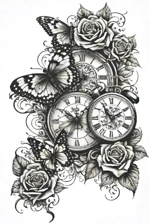Butterflies Witha Broken Clock Face And Roses