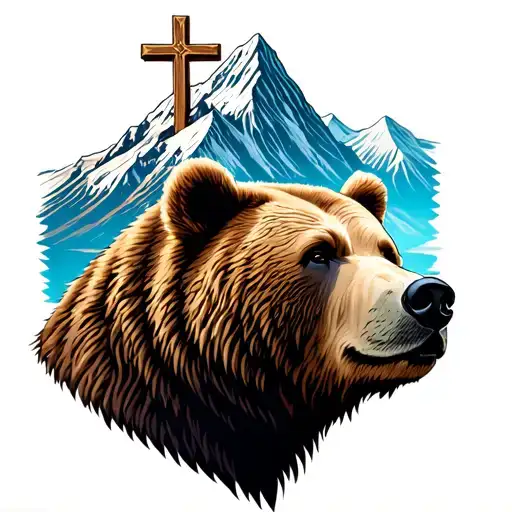 Bear Head On Side Of Mountain With Big Big Cross