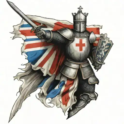 England Flag With Knight Holding A Sword