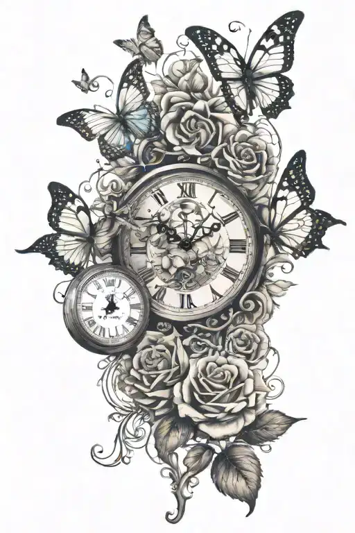 Butterflies And A Clock Face With Roses