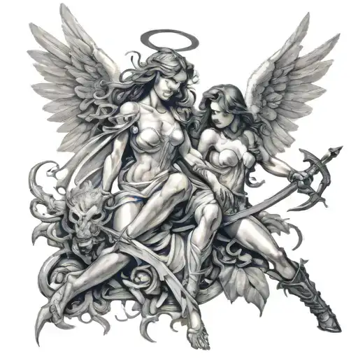 Angel With Sword Killing Demon Girl