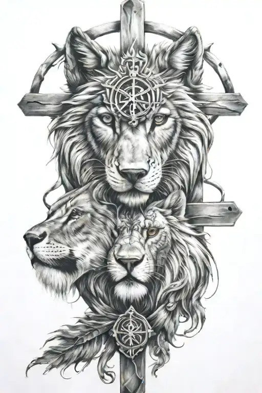 Wolf And Lion Face And Crucifix Intertwined