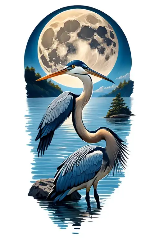Full Moon With Coastal Landscape And A Blue Heron