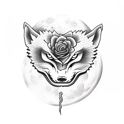 Snake With Roses And Wolf Howling At Moon
