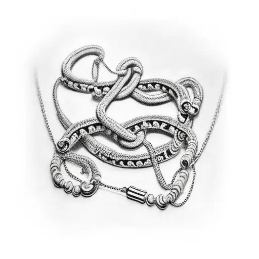 Black And White Chain That Wraps Around A Bicep And Has A Cornicello And Mano Cornuto On It