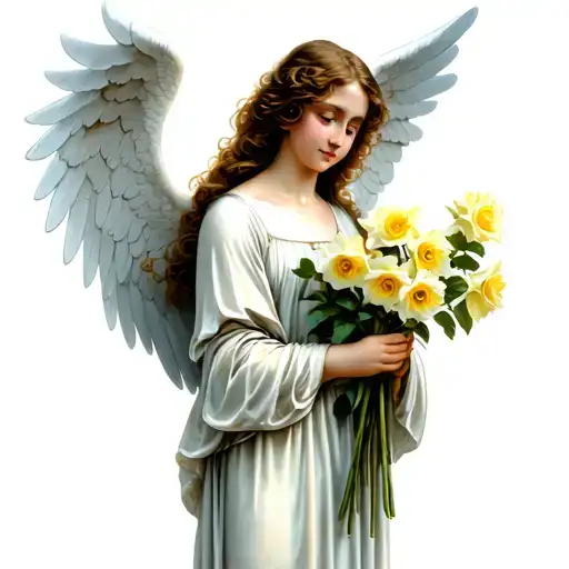 Angel Holding Daffodils Roses Morning Glories
