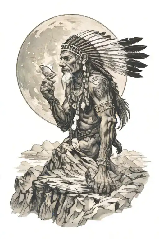 Indian On Mountain Full Moon