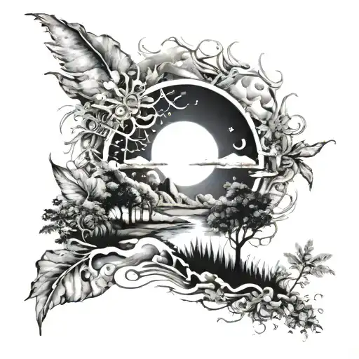 Sun And Moon Colliding Like Two Worlds With Nature Scene